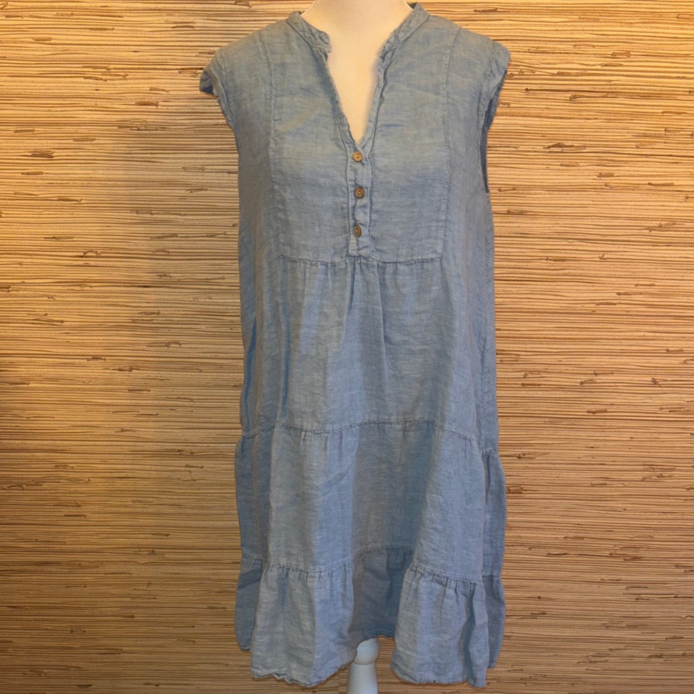 Francesca Bettini 100% linen Light Blue Linen Tiered Sleeveless Dress medium EUC